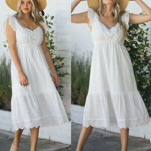 In Loom Eyelet Ruffle 100% Cotton Tiered Midi Dress  Size M White Ivory Romantic